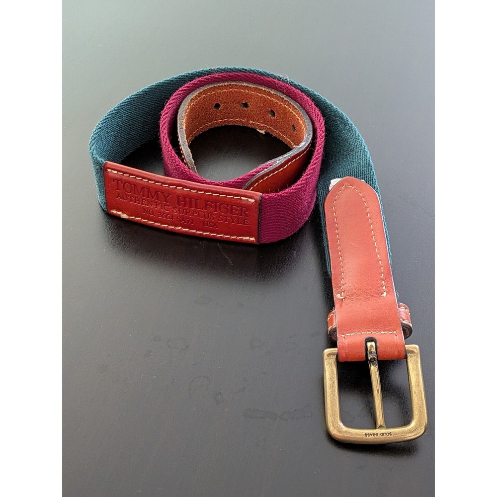 Vtg 90s Tommy Hilfiger USA Surplus Wool Beltโ Mens 34 Red Green Leather Trim